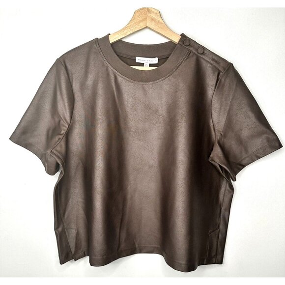 Maison D'amelie Womens Shirt Distressed Stretch Short Sleeve Blouse Brown Large - Picture 1 of 8